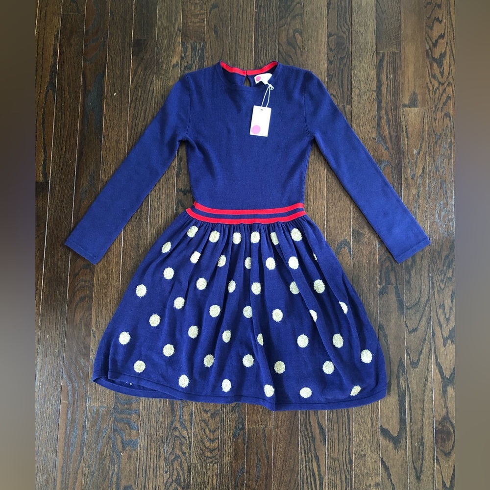 Mini Boden Girls 9-10Y Navy/Red Long-Sleeved Ribbed Dress w/Gold Polka Dot Skirt - Picture 1 of 12